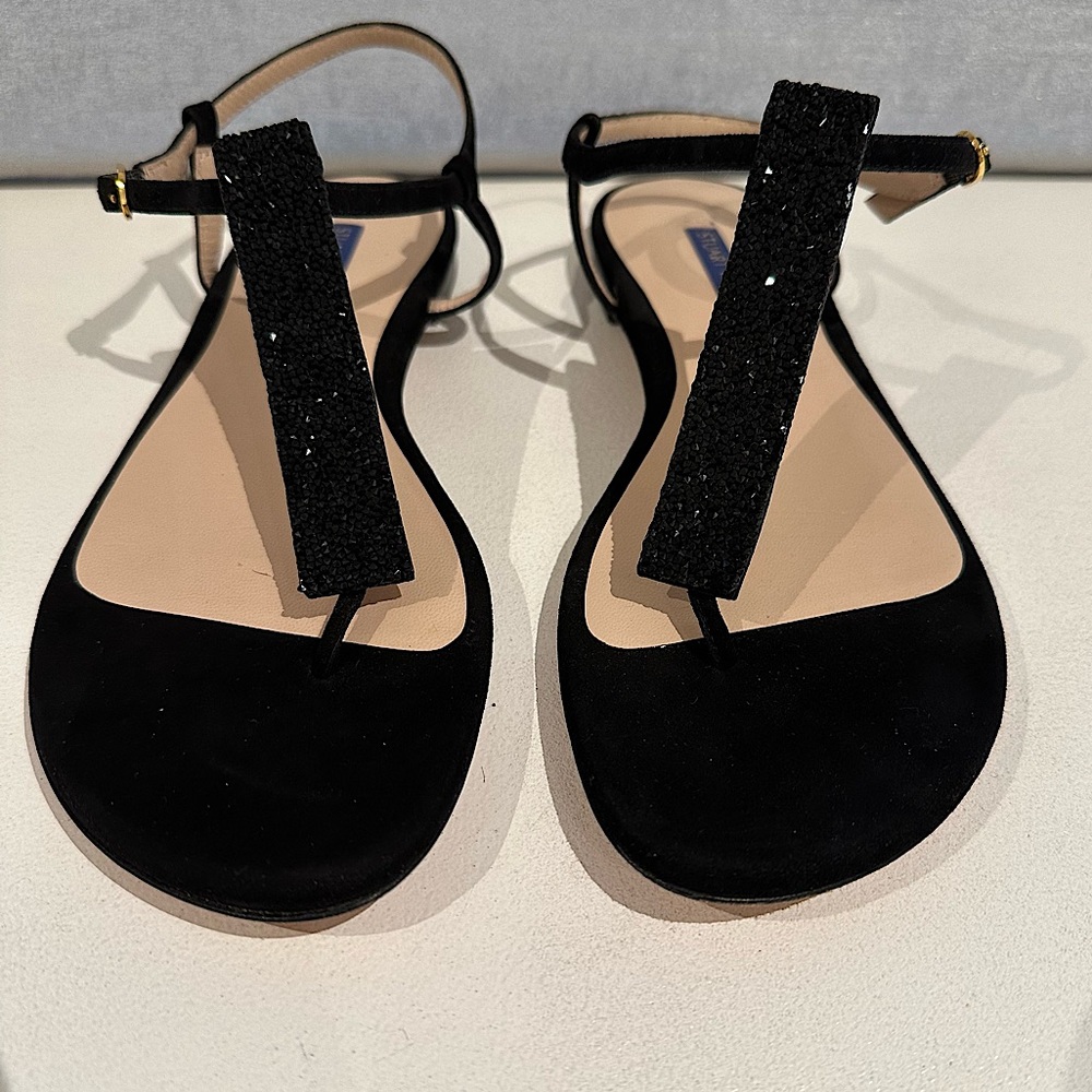 Stuart Weitzman Black Suede Embellished Thong Sandals • 6.5
